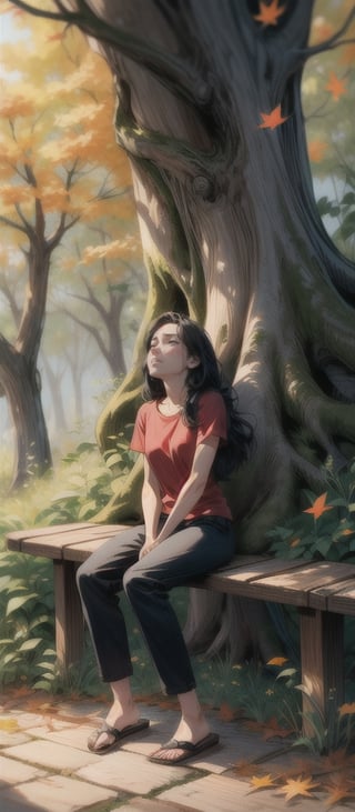 16k, realistic, perfect, forest,1 girl,  ,little girl,
,head down ,long black hair, small thighs, slim body,
,red tshirt out, regular flip flops, ,long black loose trousers, , sitting on top old wooden bench,
sad_face, cry, crying, tears come out,

autumn, ,1 big tall old tree,
,full-body, visible from afar,
perfecteyes, better_hands,