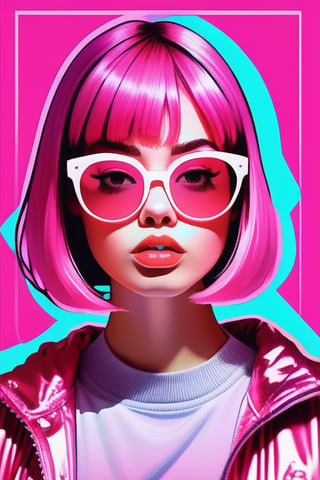 1girl, aesthetic, bangs, blunt bangs, glasses, jacket, lips, looking at viewer, parted lips, pink background, pink hair, pink theme, portrait, short hair, solo, teeth, tinted eyewear, vaporwave
