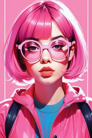 1girl, aesthetic, bangs, blunt bangs, glasses, jacket, lips, looking at viewer, parted lips, pink background, pink hair, pink theme, portrait, short hair, solo, teeth, tinted eyewear
