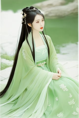 1girl, Daxiushan, Daxiushan style, black hair, dress, green dress, hair ornament, hanfu, holding, long hair, sit, female_solo