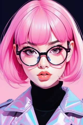 1girl, aesthetic, bangs, blunt bangs, glasses, jacket, lips, looking at viewer, parted lips, pink background, pink hair, pink theme, portrait, short hair, solo, teeth, tinted eyewear
