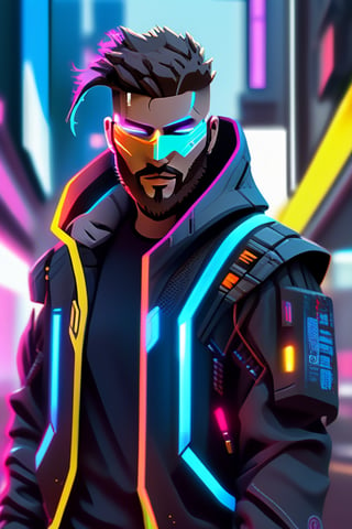 1boy, beard, cable, cyberpunk, cyberpunk style, cyborg, facial hair, hood, jacket, looking at viewer, male focus, neon lights, open clothes, science fiction, solo, upper body
