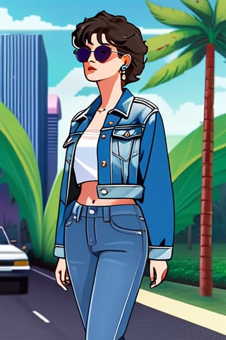 1girl, aesthetic, vaporwave, building, car, city, collared shirt, denim, earrings, ground vehicle, jacket, jeans, jewelry, midriff, motor vehicle, navel, outdoors, palm tree, pants, road, shirt, short hair, solo, standing, sunglasses, tree, vehicle focus 
