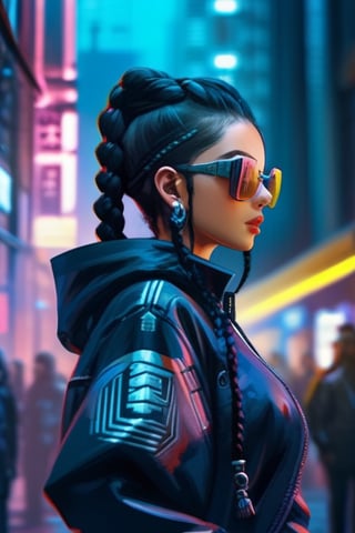 1girl, black hair, blurry, blurry background, braid, cyberpunk, cyberpunk style, depth of field, earrings, gloves, hood, hood down, jacket, jewelry, lips, long sleeves, nose, outdoors, solo focus, sunglasses, tinted eyewear, upper body