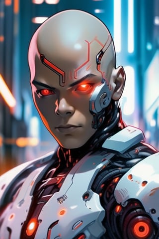 1boy, bald, blurry, blurry background, cyberpunk, cyborg, glowing, glowing eyes, looking at viewer, male focus, realistic, red eyes, science fiction, solo, upper body,cyborg