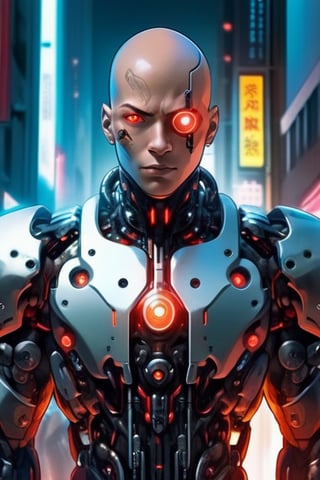 1boy, bald, blurry, blurry background, cyberpunk, cyborg, glowing, glowing eyes, looking at viewer, male focus, realistic, red eyes, science fiction, solo, upper body,cyborg