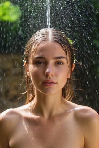 a girl bathes in the open air in the sun,the shower water poured on the girl's head,naked and naked,(all the hair is wet:1.2),(the hair on the top of the head is wet:1.2),open-air rain area,rock wall,shower overhead,
