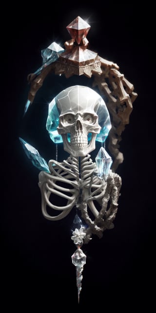 crystal skeleton, ornaments, beautiful piece of art, crystal skull, photorealistic, professional photography, 8k quality, crystal organs,SpectrumAI,no_humans