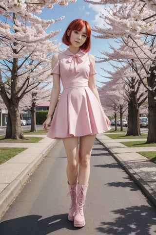 A visual presented in vibrant 16K resolution, channeling the nostalgic charm of anime from the '90s with a distinctive Studio Pierrot touch. | Ruby, a 23-year-old with striking orange-red hair, embodies the essence of the era in her enchanting appearance. Clad in a solid pink dress with a short skirt, her choice of fashion resonates with the playful and vibrant styles of the '90s anime. Completing her look, she wears dark brown leather boots that exude a hint of toughness and femininity. | Ruby's delicate features and shy demeanor add a layer of authenticity to her character, capturing the essence of the timidity often depicted in anime from that era. The animation style pays homage to Studio Pierrot, with meticulous attention to detail in her facial expressions and overall design. | The scene unfolds in a whimsical setting, where Ruby stands amidst cherry blossoms in full bloom, enhancing the nostalgic anime atmosphere. The soft hues of pink and green create a harmonious backdrop, amplifying the overall charm. | The composition adopts the iconic Studio Pierrot aesthetic, incorporating elements of dynamic poses and expressive faces. The camera angle captures Ruby's timidity with a slight tilt, emphasizing her character's shy nature. | Ruby, the charming redhead in her pink dress and leather boots, stands among blooming cherry blossoms, embodying the spirit of '90s anime with a Studio Pierrot flair. | {The camera is positioned very close to her, revealing her entire body as she adopts a dynamic_pose, interacting with and leaning on a structure in the scene in an exciting way.} | She is adopting a (((dynamic_pose as interacts, boldly leaning on a structure, leaning back in an exciting way))), (dynamic_pose:1.3),  ((perfect_pose)), ((perfect_pose):1.5), (((full body))), ((well_defined_face, ultra_detailed_face, well_defined_eyes, ultra_detailed_eyes)), ((perfect_fingers, perfect_hands)), perfect, hand, ((More Detail)), perfect_hand,90s,retro artstyle, 1990s (style),REALISTIC