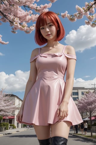 A visual presented in vibrant 16K resolution, channeling the nostalgic charm of anime from the '90s with a distinctive Studio Pierrot touch. | Ruby, a 23-year-old with striking orange-red hair, embodies the essence of the era in her enchanting appearance. Clad in a solid pink dress with a short skirt, her choice of fashion resonates with the playful and vibrant styles of the '90s anime. Completing her look, she wears dark brown leather boots that exude a hint of toughness and femininity. | Ruby's delicate features and shy demeanor add a layer of authenticity to her character, capturing the essence of the timidity often depicted in anime from that era. The animation style pays homage to Studio Pierrot, with meticulous attention to detail in her facial expressions and overall design. | The scene unfolds in a whimsical setting, where Ruby stands amidst cherry blossoms in full bloom, enhancing the nostalgic anime atmosphere. The soft hues of pink and green create a harmonious backdrop, amplifying the overall charm. | The composition adopts the iconic Studio Pierrot aesthetic, incorporating elements of dynamic poses and expressive faces. The camera angle captures Ruby's timidity with a slight tilt, emphasizing her character's shy nature. | Ruby, the charming redhead in her pink dress and leather boots, stands among blooming cherry blossoms, embodying the spirit of '90s anime with a Studio Pierrot flair. | {The camera is positioned very close to her, revealing her entire body as she adopts a dynamic_pose, interacting with and leaning on a structure in the scene in an exciting way.} | She is adopting a (((dynamic_pose as interacts, boldly leaning on a structure, leaning back in an exciting way))), (dynamic_pose:1.3),  ((perfect_pose)), ((perfect_pose):1.5), (((full body))), ((well_defined_face, ultra_detailed_face, well_defined_eyes, ultra_detailed_eyes)), ((perfect_fingers, perfect_hands)), perfect, hand, ((More Detail)), perfect_hand,90s,retro artstyle, 1990s (style),REALISTIC