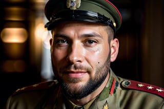 35 year old man,1male, german, World War Two ,wearing camouflage uniform,wearing a military hat ,handsome(has a beard, clear skin, clear eyes,sad smile ),(view form beneath:1.5), looking_at_viewer ,realistic, photo realistic, detailed skin, detailed_background, portrait, full_body, 8k,highly detailed, full length frame, High detail RAW color art, sharp focus, hyperrealism, cinematic lighting,high_resolution,8k.