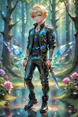 ((masterpiece, best quality)),(complex light),trending,absurdres, Cool A handsome boy who combines Gothic style with pastel punk fashion, he wears dark and edgy clothes with Gothic elements such as lace, Aurora crystal chains, but in pastel colors such as blonde, green, and lavender. His hair is a vibrant mix of pastel colors, styled with asymmetrical bangs, and decorated with wind reaf. His accessories include Aurora crystal bracelets, military boots,He has short blonde hair, blue eyes, smirk,hologram,reflection,forest,fantasy,glitter,blue rose,garden,electronic,have a aurora crystal knife,art splash,cool pose,real skin,3d,Glass Elements,aurora glass style,noc-wfhlgr,3d figure,Clear glass,Clear Glass Skin