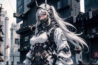 ulzzang-6500, (original: 1.2), (far shot), (Helmet on a face, cyber helmet:1.3), (realistic: 1.3), masterpiece, best quality, fullbody, 1girl, fur, wearing black techwear jacket and trousers with buckle and tape, ((a crystal necklace)), carrying a big backpack, posing for a picture, (side ponytail with cobalt highlights), long legs, holding one katana, a huge cross sculpture behind,urban techwear,guweiz style, (masterpiece, best quality, ultra-detailed, 8K),High detailed, picture perfect face, 1girl, young pretty white girl, hot top model, long blonde hair, closed mouth, wearing a white oversize t shirt (t shirt only white color) and Acronym J36-S black pants and Acronym P30A-DS and black and white sneakers, piercings, in city, (((wide hips, narrow waist, large breasts))), instagram model, 80mm,urban techwear,weapon, slimthick,hourglass_figure,slim waste, full sleeve arm tattoos, irezumi, body tattoos, face tattoos,lip piercing, tattoos,#tattoos,fitgirl,yakuzatattoo,huoshen,CONCEPT_irezumi_YakuzaTattoo_ownwaifu,midjourney,GlowingRunes_,techpunkmask