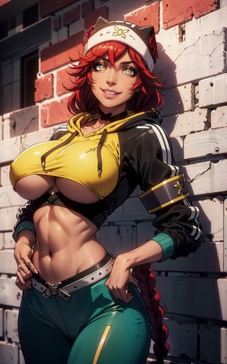 1girl, lupusregina beta, yellow eyes, smiley, red hair, brown skin, cropped hoodie underboob cut, blue leggings, skinny waist:1.3, huge breasts, huge hip, navel, underboob cut hoodie(detailed face:1.2), (detailed eyes:1.2), (detailed background), brick wall,realhands,more detail