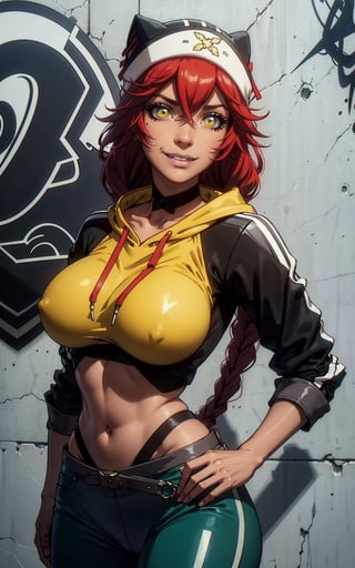 1girl, lupusregina beta, yellow eyes, smiley, red hair, twin braid, brown skin,cropped hoodie underboob cut, blue leggings, skinny waist:1.3, huge breasts, huge hip, navel, underboob cut hoodie(detailed face:1.2), (detailed eyes:1.2), (detailed background), graffiti wall,realhands,more detail