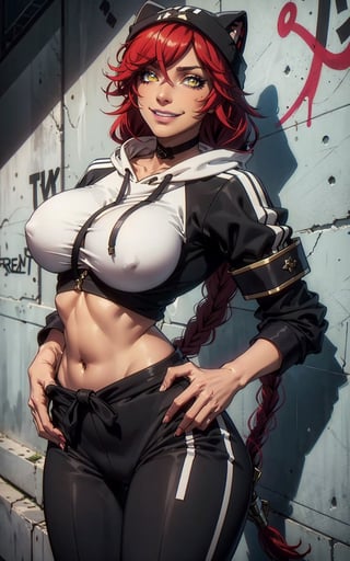 1girl, lupusregina beta, yellow eyes, smiley, red hair, twin braid, brown skin,cropped hoodie underboob cut, blue leggings, skinny waist:1.3, huge breasts, huge hip, navel, underboob cut hoodie(detailed face:1.2), (detailed eyes:1.2), (detailed background), graffiti wall,realhands,more detail