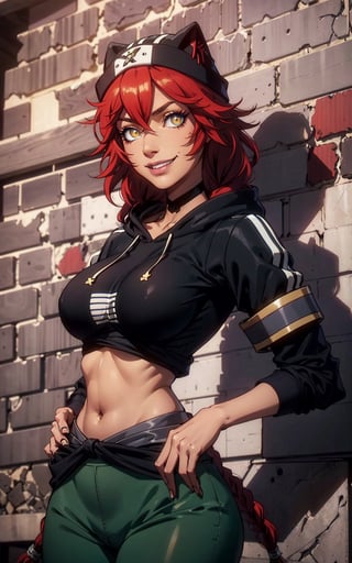 1girl, lupusregina beta, yellow eyes, smiley, red hair, twin braid, brown skin, short hair, cropped hoodie underboob cut, blue leggings, skinny waist:1.3, huge breasts, huge hip, navel, underboob cut hoodie(detailed face:1.2), (detailed eyes:1.2), (detailed background), brick wall,realhands,more detail