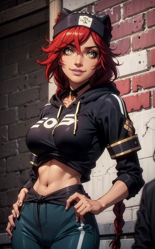 1girl, lupusregina beta, yellow eyes, smiley, red hair, twin braid, brown skin, short hair, cropped hoodie underboob cut, blue leggings, skinny waist:1.3, huge breasts, huge hip, navel, underboob cut hoodie(detailed face:1.2), (detailed eyes:1.2), (detailed background), brick wall,realhands,more detail