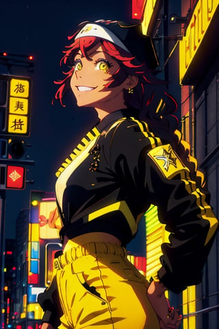 Best quality, masterpiece, 1girl, medium braids hair, yellow eyes, yellow pants,yellow shirt,Extreme long shot, upper body, ear piercings, black bomber jacket, profile picture, smiling,city night background,neon sign,outfit-km,High detailed ,high_res,lupusregina beta