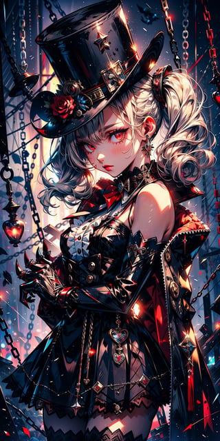 masterpiece,best quality,highres,cinematic lighting,dramatic angle,,1girl,1boy,1other,Lloyd,marinoette,silver hair,red eyes,black dress;(top hat:1.2),blue rose;mask,detached sleeves;claws,black thighhighs;jacket,frills,elbow gloves,puppet strings,depth of field,doll,twintails,1girl with silver hair and twintails along with her marionette called Lloyd,cowboy shot,chain,monster,looking at viewer