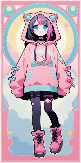 dal-3,,vtuber,1girl,
cute anime characters,Beautiful blue eyes,asymmetric bangs,candy punk Fashion,Hooded hoodie shaped like a cute kitten,cat ear hood,Pastel colored clothes based on blue and pink,Pastel Emo Fashion, Anime Print Shirt,Gothic Style tights, long military boots, score_7_up,dal-6 style,pink-emo,emo, art nouveau,vomiting cum