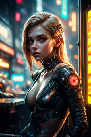 top quelity, detailed face, cyberpunk beautiful  girl sitting inside a bar, rays of neon lights, light dramatic,  shallow depth of field, mechanical face parts, Slim-fitting clothing, mechanical body part, android jones art,1 girl