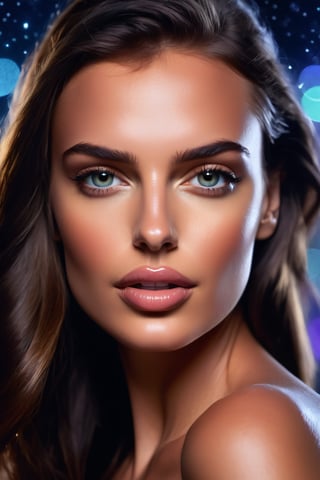 Bold graphic illustration, Irina Shayk, dark lights, nightmare, stary night, splash arts, bokeh, photo, 8k, shot on camera Canon 1DX, 50 mm f/2.8 lens, raw