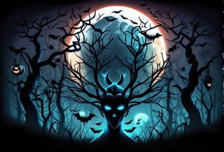 spooky vanpiress in a creepy glowing forest with bats and spiders and a bright glowing moon in the background,tattoo style