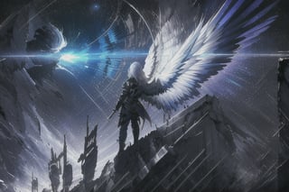 Make 2 character a human with silver hair big purple wings holding a black sword crossed silver spear which is held by a men with golden hair and white angel like wings the cross of there weapon generating shock wave so strong that it destroyed the reality behind them 
Background: a dark space with a lots of explosions behind