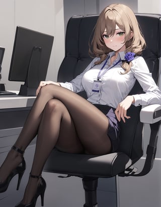 1girl, lisa, genshin impact, breasts, looking at viewer, blush, skirt, shirt, long sleeves, sitting, closed mouth, white shirt, pantyhose, thighs, collared shirt, miniskirt, black skirt, black footwear, high heels, legs, black pantyhose, dress shirt, chair, crossed legs, pencil skirt, office lady, id card, lanyard, office chair, (bow), extreme detailed, (masterpiece)