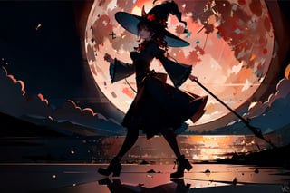 masterpiece, high quality, best quality, high res, (A woman ((walking:1.5))), artistic sideview, gloomy lighting, moonlight, victorian era, side view, from the side, red moon, silhouette, ((fullbody)), ((dark lighting:1.4)), (taking a step), (((witch hat))), ((smiling wickedly))