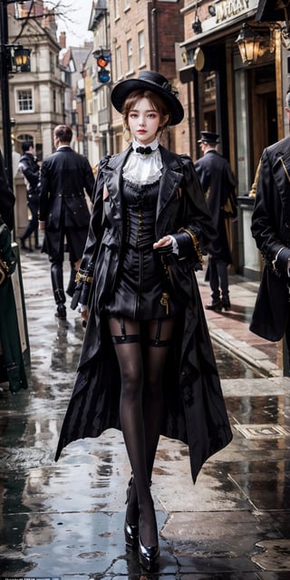 ultra detailed 8k cg, 1girl, fantasy style, hll,black pantyhose, full body shot, high heels, ((tailcoat)) suit, big tophat, monocol, outdoors in victorian era england, dynamic pose, rain,perfect