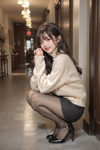 1girl, solo, looking at viewer, blush, smile, open mouth, bangs, skirt, long sleeves, full body, pantyhose, indoors, hallway, black skirt, black footwear, (((high heels))), from side, sweater, sleeves past wrists, looking to the side, black pantyhose, turtleneck, squatting, breath, ribbed sweater, pencil skirt, turtleneck sweater, can, white sweater, masterpiece, extremely detailed