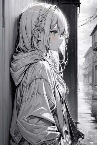 Extreme detailed, (masterful), 1girl, claraval, rain, storm, outdoors, puddles, side view, monochrome, leaning against wall, sketchbook style, (close up), wall
