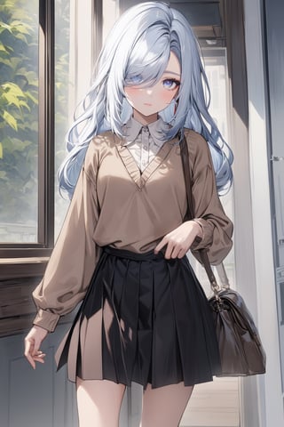 1girl, shenhe, genshin impact, long hair, looking at viewer, bangs, blue eyes, hair ornament, closed mouth, full body, white hair, alternate costume, skirt, long sleeves, standing, pleated skirt, bag, white shirt, vest, brown sweater vest, handbag, shoulder bag, indoors, hair over one eye, swept bangs, extremely detailed, (masterpiece)