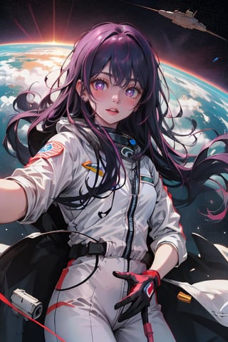 a beautiful girl in the sky from Mars, establishing herself in a spacesuit,fu hua,astronauts,HOSHINO AI