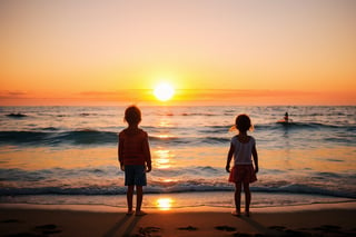 Ocean sunset scenery with red sun with child infront of it