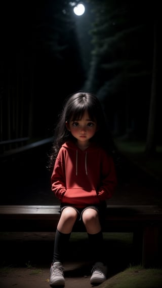 16k, realistic, perfect, forest,1 girl, nighttime,
,little girl, rain,

,long black hair, small thighs, slim body,

, (sitting on top old wooden bench:1.1),

(both hands in pockets red hoodie:1.2), (torn long black slacks:1.2), (little girl ,head down) ,

(long black hair, slim body:1.2) ,(slim thighs), big_boobies,

,sad_face, cry ,(crying:1.1),
,full-body_portrait, perfecteyes,