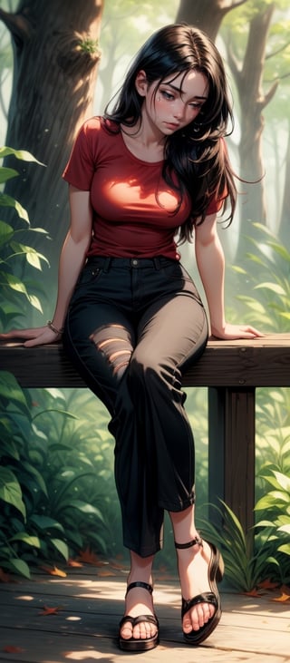 16k, realistic, perfect, forest,1 girl, 
,little girl,

big old tree, autumn,

,long black hair, small thighs, slim body,

,red tshirt, regular flip flops,
,long black loose trousers,

sad_face, cry, crying, tears come out,

,1 big old tree,
, sitting on top old wooden bench,

,full-body_portrait,

perfecteyes, better_hands,perfecteyes