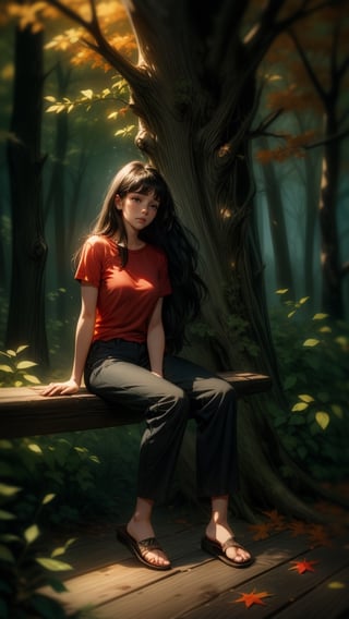 16k, realistic, perfect, forest,1 girl, 
,little girl,

big old tree, autumn,

,long black hair, small thighs, slim body,

,red tshirt, regular flip flops,
,long black loose trousers,

sad_face, cry, crying, tears come out,

,1 big old tree,
, sitting on top old wooden bench,

,full-body_portrait,

