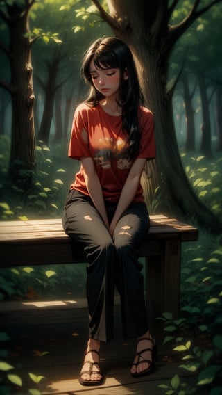 16k, realistic, perfect, forest,1 girl, 
,little girl,

big old tree, autumn,

,long black hair, small thighs, slim body,

,red tshirt, regular flip flops,
,long black loose trousers,

sad_face, cry, crying, tears come out,

,1 big old tree,
, sitting on top old wooden bench,

,full-body_portrait,

