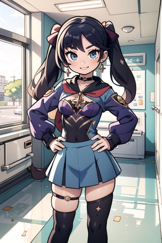 Mona Genshin Impact, in school uniform, backlit, black hair, school hallway in background, smiling, hands on hips, bright eyes,2d, anime, 4k, looking at viewer((masterpiece)). 