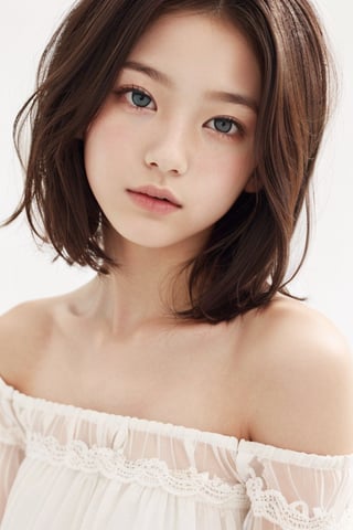 1girl, (age 11-14:1.4), gorgeous, (dynamic pose:0.8),(close-up),studio lighting, white background, japanese teen top model, bang, hime haircut, heterochromia, pastel off-shoulder dress,