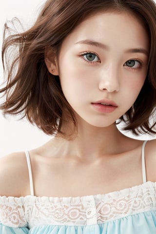 1girl, (age 11-14:1.4), gorgeous, (dynamic pose:0.8),(close-up),studio lighting, white background, japanese teen top model, bang, hime haircut, heterochromia, pastel off-shoulder dress,