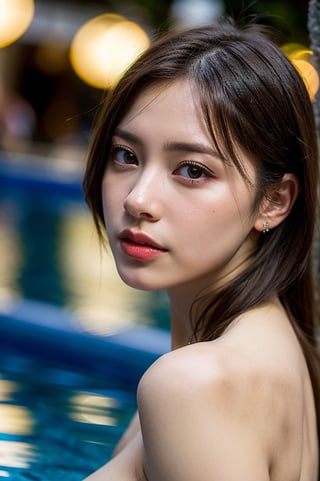 1 young girl, (Best Quality:1.4), 8K resolution, High resolution, (Photorealistic, High resolution:1.4), Raw photo, (Realistic, Photorealsitic:1.37), (Beautiful big breasts:1.1), Gloss on lips, Parted lips, Staring at me, Nose, Realistic, pool, depth of field, face light, (((bokeh))),taaarannn