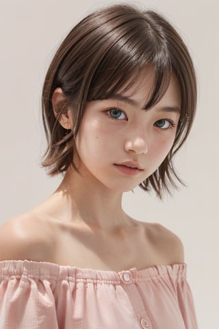 1girl, (age 11-14:1.4), gorgeous, (dynamic pose:0.8),(close-up),studio lighting, white background, japanese teen top model, bang, hime haircut, heterochromia, pastel off-shoulder dress,