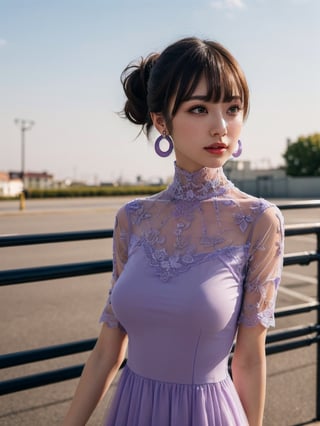 a woman posing on the street corner with light purple high-neck dress on, best quality, 1girl, (gigantic breasts), day, bright, blur background, bokeh, outdoor, (street:0.8), (people, crowds:1), (lace-trimmed dress:1.5, see-through, no-sleeves dress, high-neck dress:1.5, light purple dress: 1.5), gorgeous, (floating hair, bangs, hair up:1.5), beautiful detailed sky, (beautiful earrings), (dynamic pose:1), (upper body:0.8), soft lighting, wind, shiny skin,