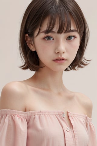 1girl, (age 11-14:1.4), gorgeous, (dynamic pose:0.8),(close-up),studio lighting, white background, japanese teen top model, bang, hime haircut, heterochromia, pastel off-shoulder dress,