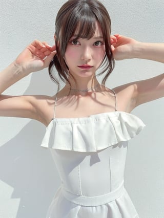 1girl, (age 13-16:1.4), gorgeous, (dynamic pose:0.8),studio lighting, white background, japanese teen top model, bang, hime haircut, heterochromia, white pastel off-shoulder dress,mikana_yamamoto, glasses