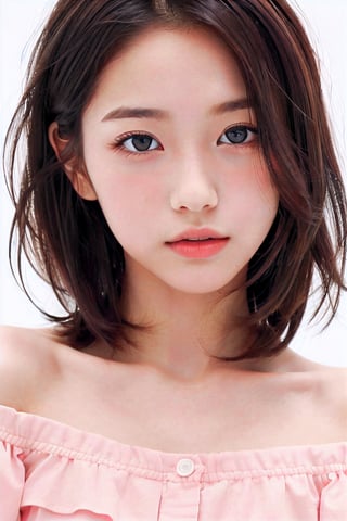 1girl, (age 11-14:1.4), gorgeous, (dynamic pose:0.8),(close-up),studio lighting, white background, japanese teen top model, bang, hime haircut, heterochromia, pastel off-shoulder dress,